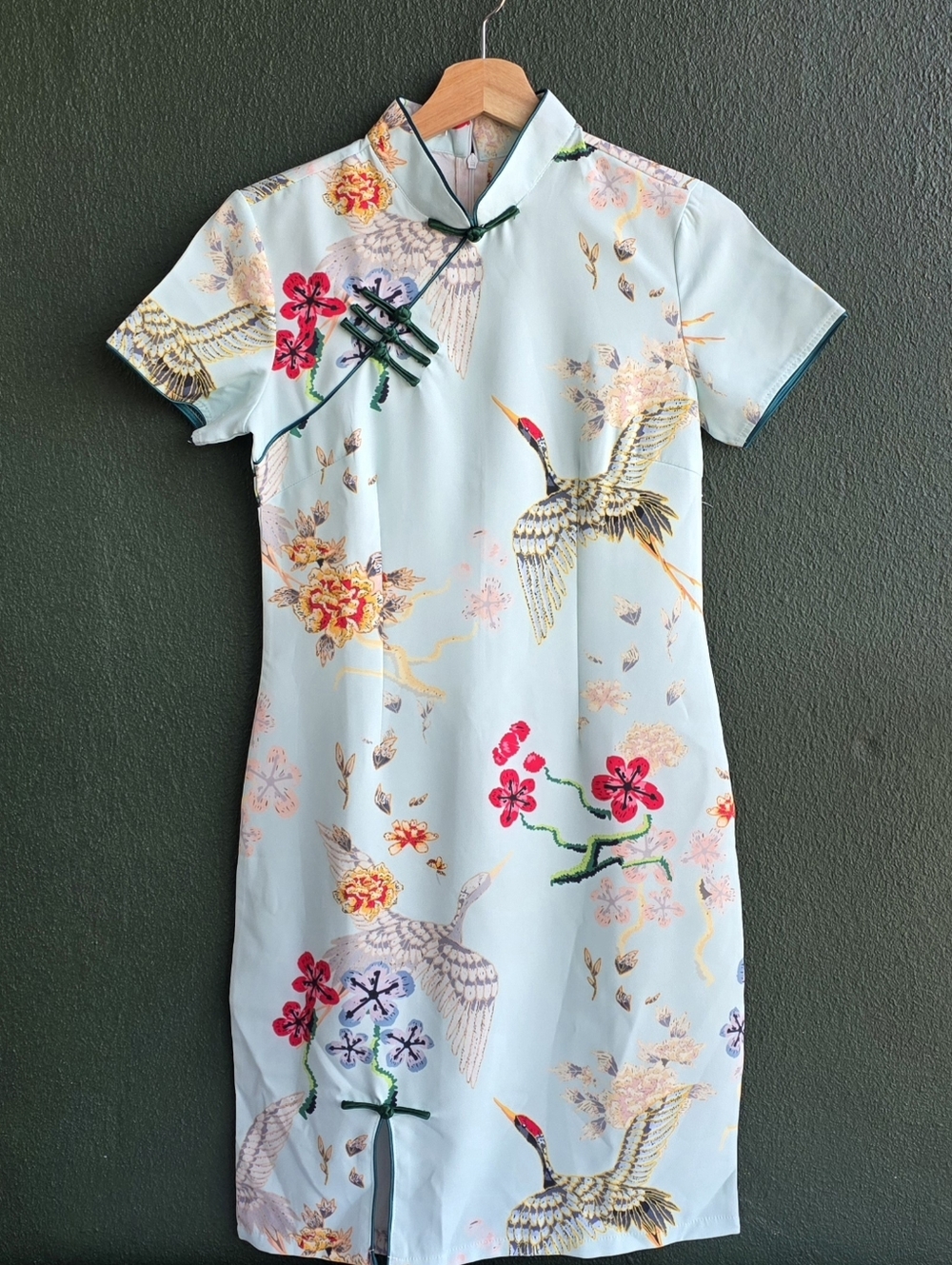 Light Blue Floral Crane Cheongsam Dress